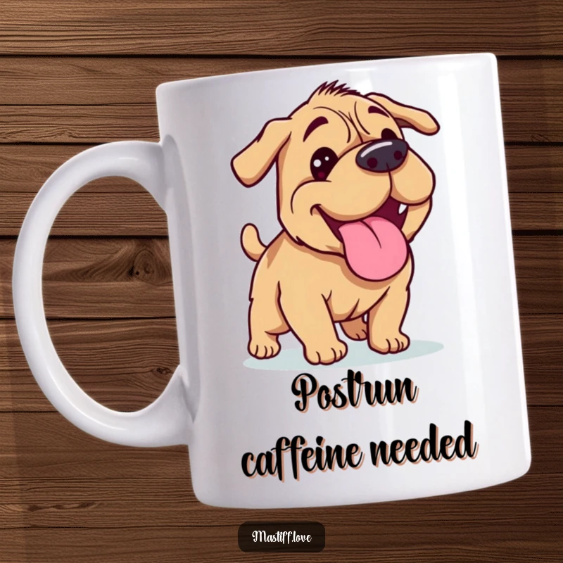 Funny Mastiff mug showing a happy dog panting with its tongue lolling out after enjoying a vigorous run, conveying pure contentment.