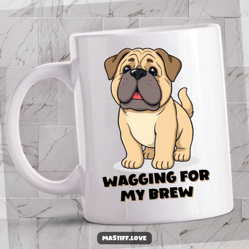 Funny giant mastiff puppy with droopy ears, tail wagging excitedly, depicted on a mug, radiating pure happiness.