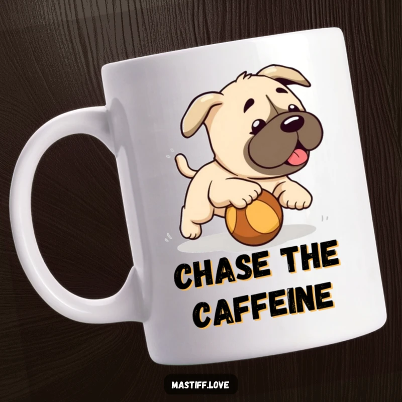 Funny cute mastiff puppy, joyfully chasing a rolling ball, cartoon dog art, perfect funny mug gift.