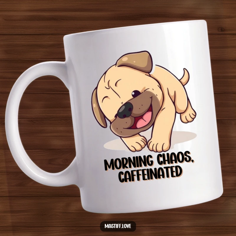 Funny Mastiff puppy mug showing a tiny pup hilariously tumbling head over paws with an infectious smile, capturing puppy clumsiness.