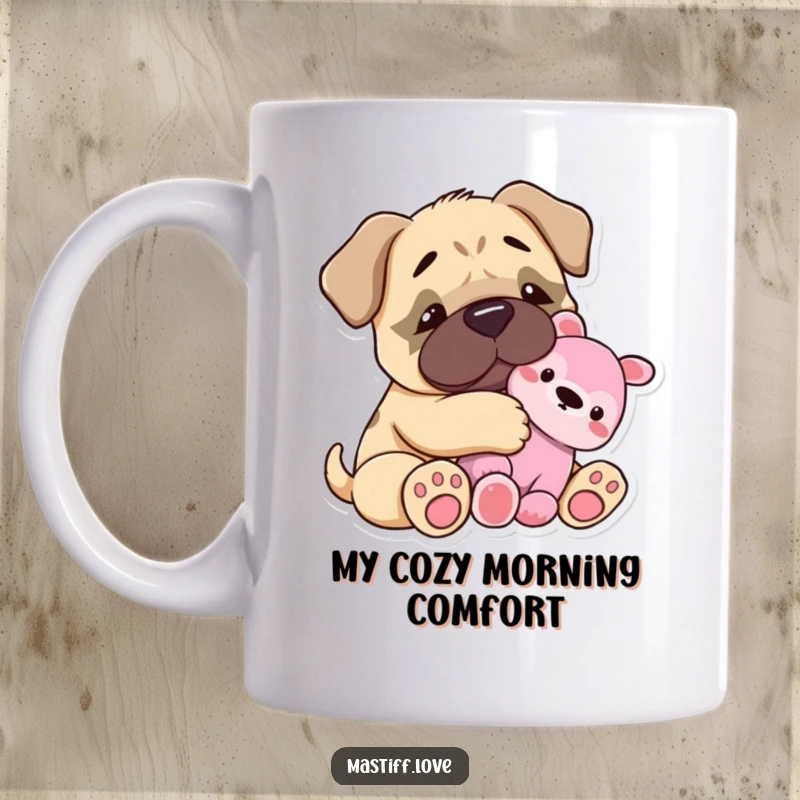 Funny Mug: A tiny mastiff happily snuggles with its favorite plush toy, radiating pure contentment. A humorous gift for cozy dog lovers.