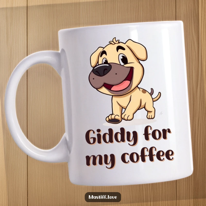 Funny happy mastiff with a wide, goofy grin, chasing its own stubby tail, depicted on a mug, showing pure silliness.