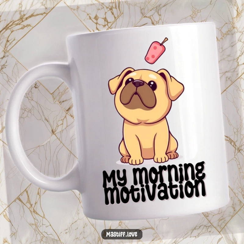 Funny Mastiff Mug: A dog with floppy ears gazes up longingly at a floating treat, embodying hopeful anticipation.