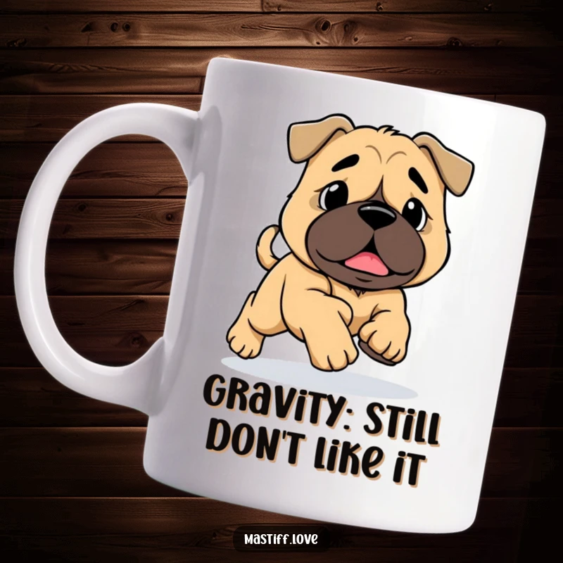 Funny Mastiff Tripping Mug: A giant dog with huge paws stumbles while running, showcasing its playful clumsiness. Perfect for dog lovers.