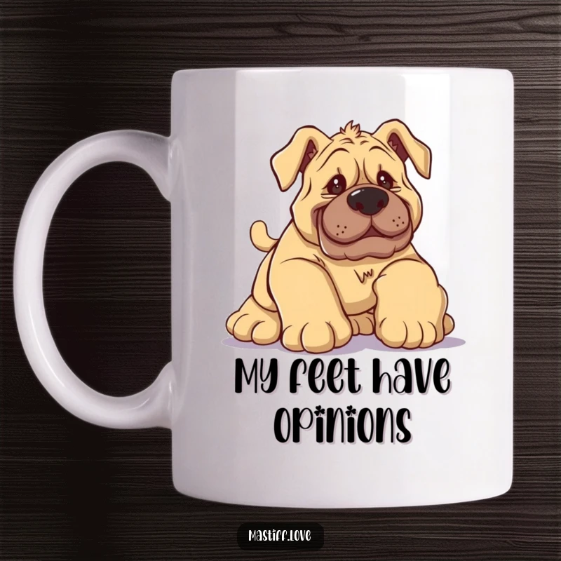 Funny Mastiff Mug showing a silly dog tripping over its big paws with a comical, googly-eyed expression.