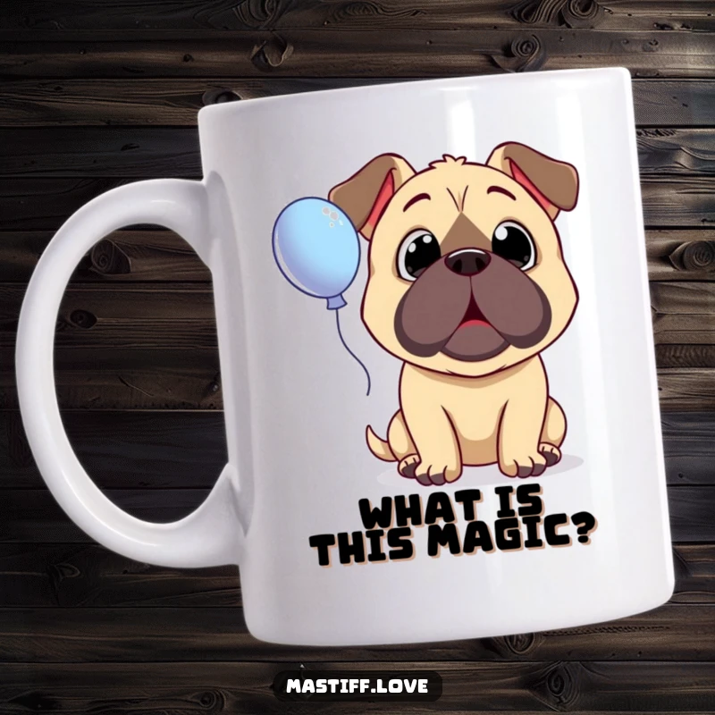 Funny Surprised Mastiff Mug showing a dog with wide, innocent eyes looking up in amazement at a floating balloon.