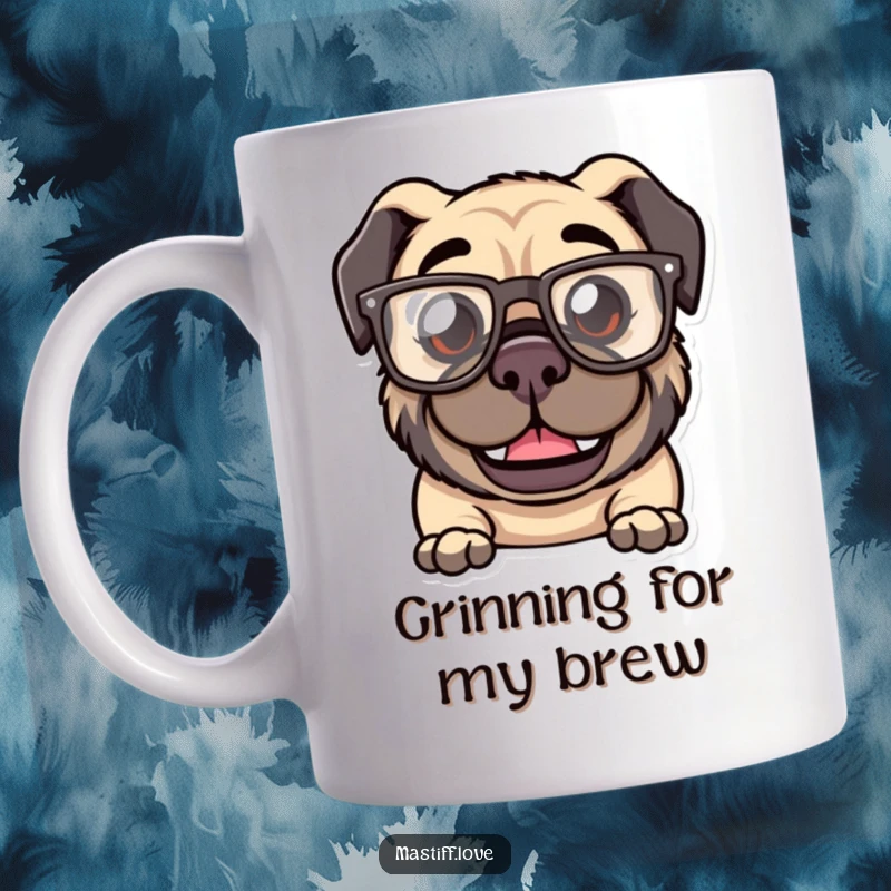 Funny Kawaii Mastiff Mug: A mastiff with a goofy grin wearing oversized, comical glasses, looking hilariously dorky.