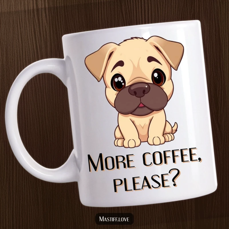 Funny Mastiff puppy mug showing a cute pup tilting its head with curious, pleading eyes, capturing irresistible canine charm.