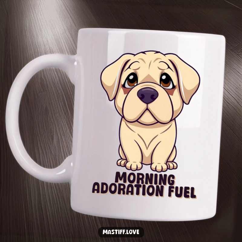 Funny mastiff mug featuring a gentle dog with droopy eyes looking up with adoration, capturing sweet loyalty and affection.