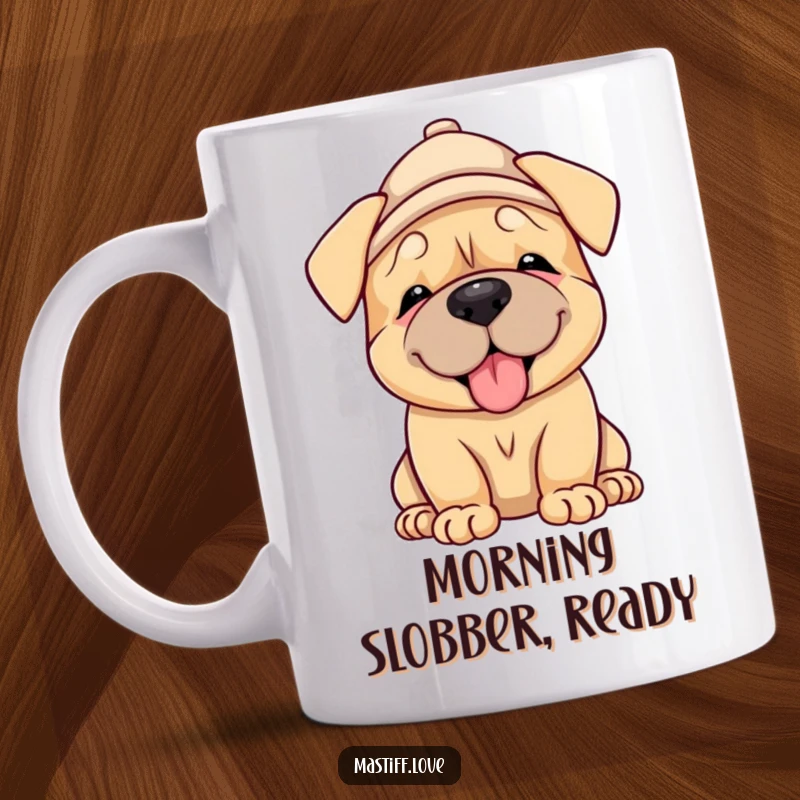 Funny Mastiff Puppy Mug: adorable puppy wearing a small hat, giving a gentle lick, conveying pure joy and affection.