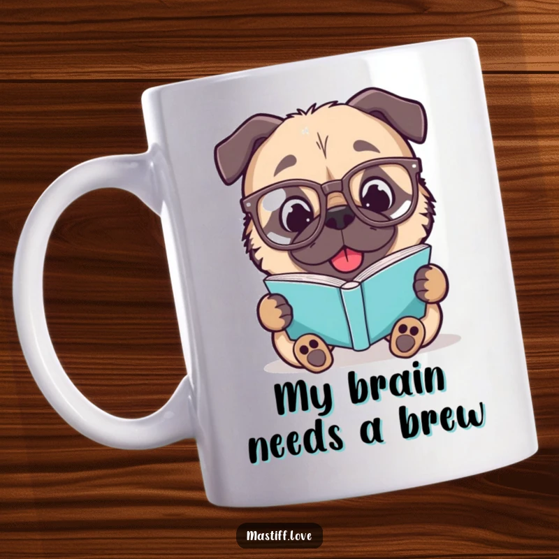 Funny Mastiff Mug: A delighted dog in oversized glasses engrossed in a book, perfect for book lovers.