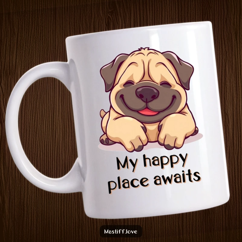Funny Mastiff Mug: A happy, giggling dog rolling onto its back, paws in the air, begging for belly rubs, pure canine bliss.