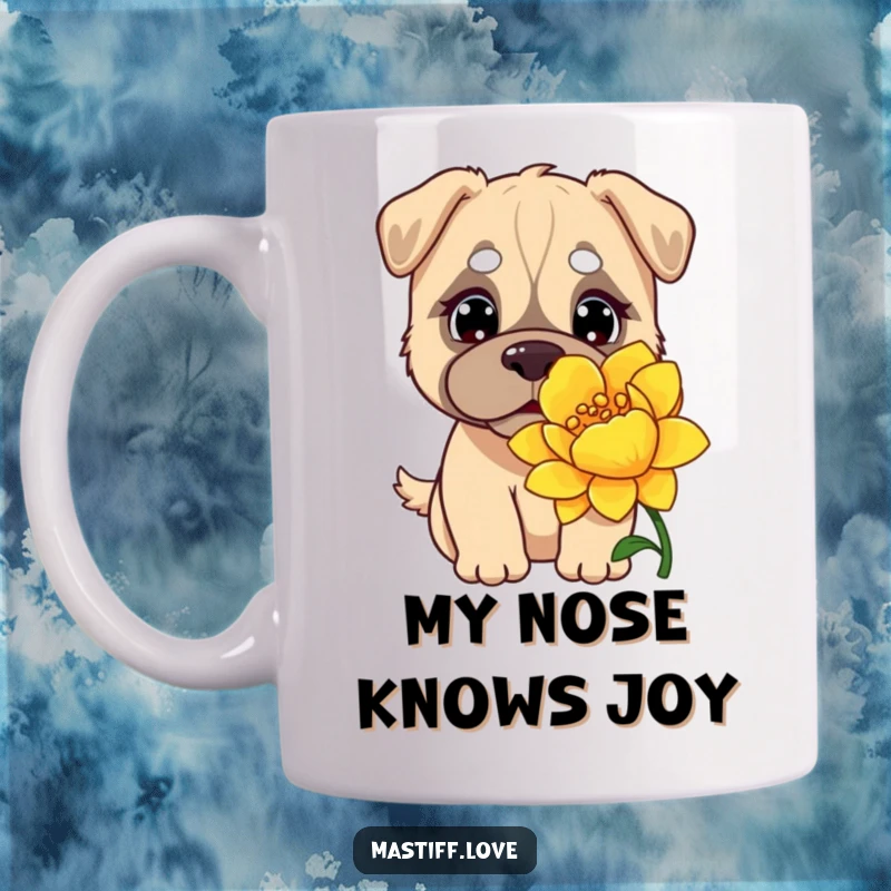 Funny Kawaii Mastiff Mug: A curious, adorable mastiff gently sniffing a comically oversized, vibrant flower.
