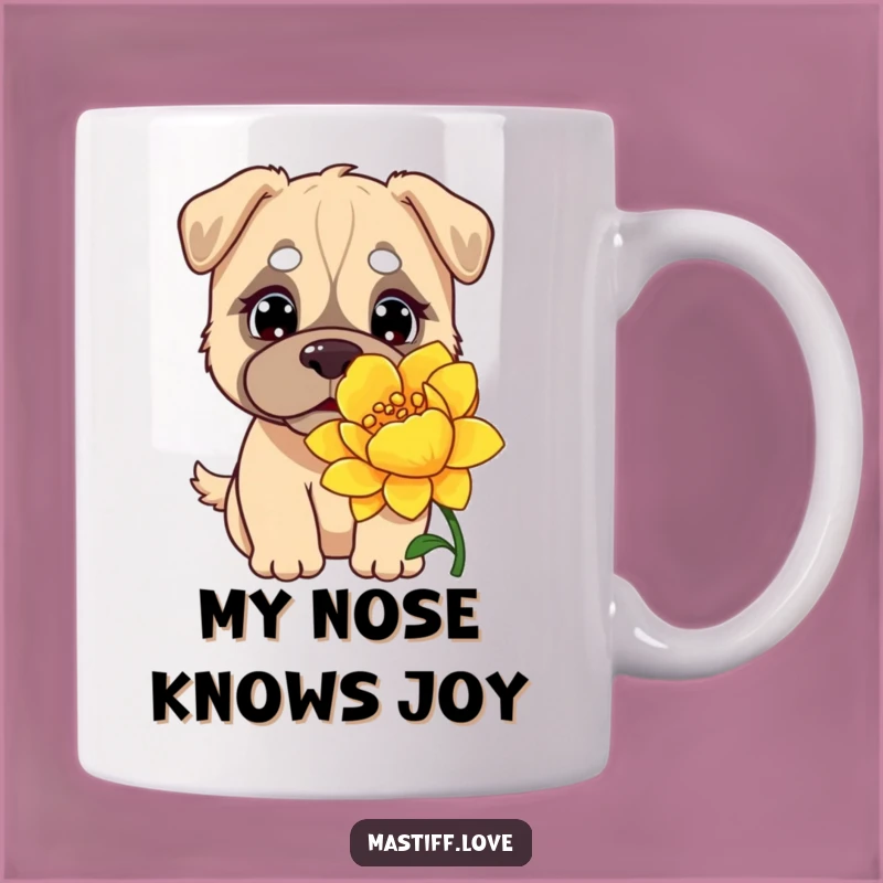 Funny Kawaii Mastiff Mug: Curious Dog Sniffing Giant Flower, Perfect Humorous Gift