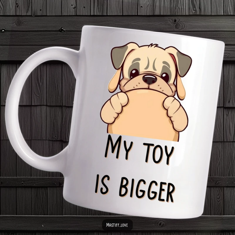 Funny kawaii mastiff puppy peeking from behind a giant squeaky dog toy on a ceramic mug, capturing pure playful mischief.