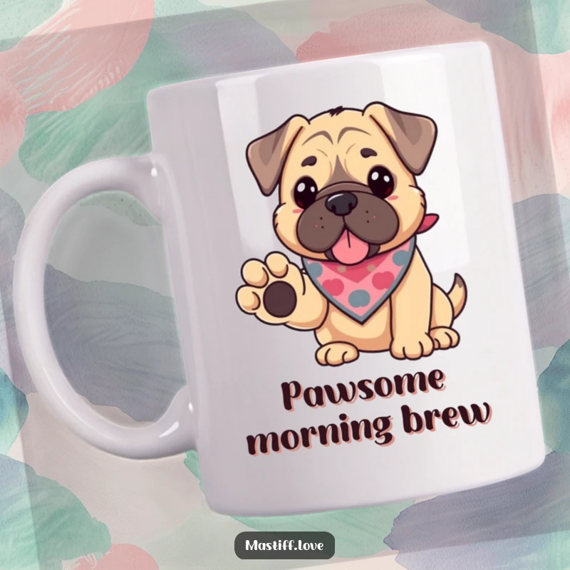 Funny kawaii mastiff mug, a cute dog wearing a bandana, politely offering its paw for a handshake, symbolizing friendship.