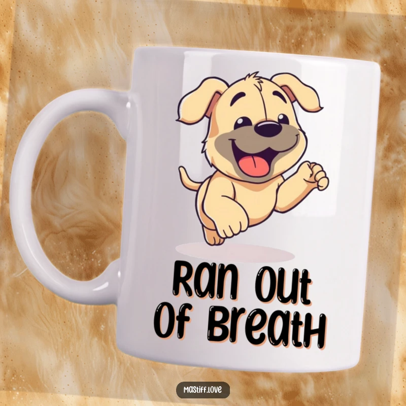 Funny Mastiff Mug showing a joyful mastiff panting happily after a playful run, conveying pure canine bliss and energy.