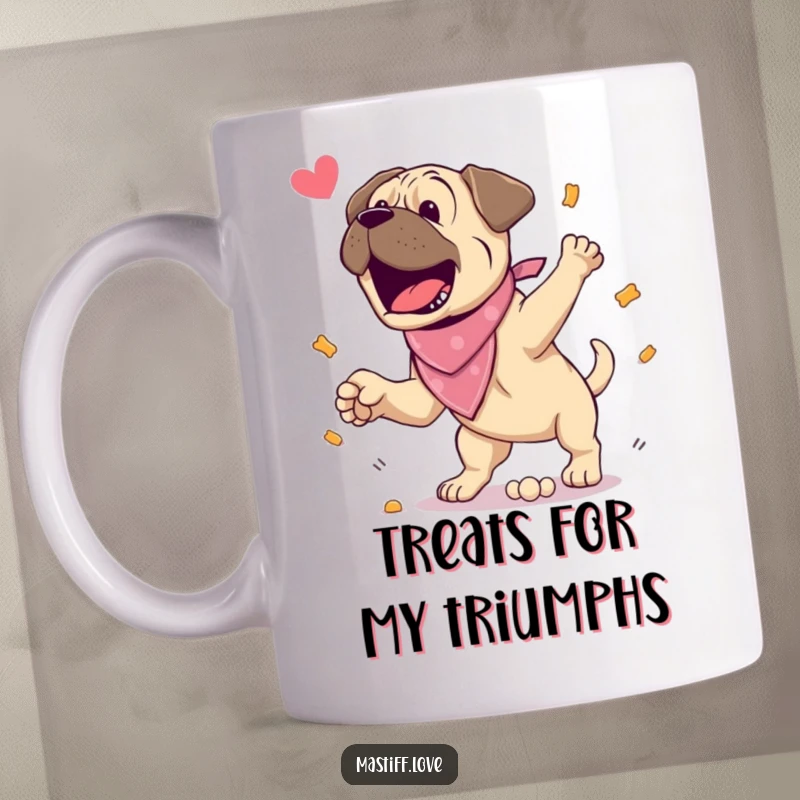 Funny Mug: An excited mastiff wearing a bandana jumps joyfully for a delicious treat. A humorous gift for energetic dog owners.