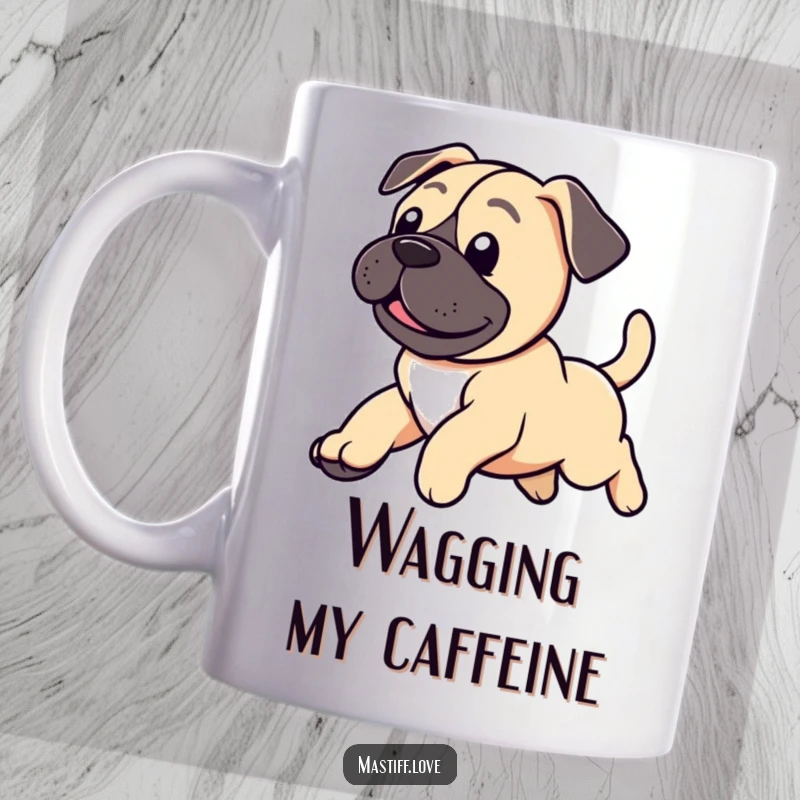 Funny mug illustrating a cute mastiff puppy joyfully leaping with its tail wagging furiously, full of excitement.