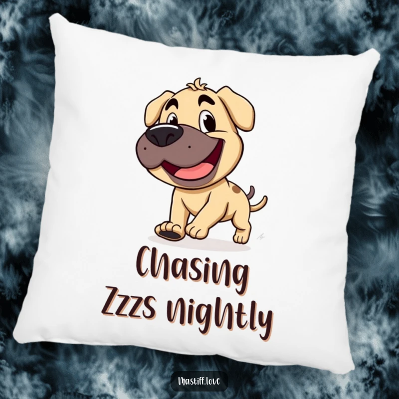 Funny mastiff with a wide, goofy grin, chasing its tail, featured on a comfortable pillow for silly home decor.