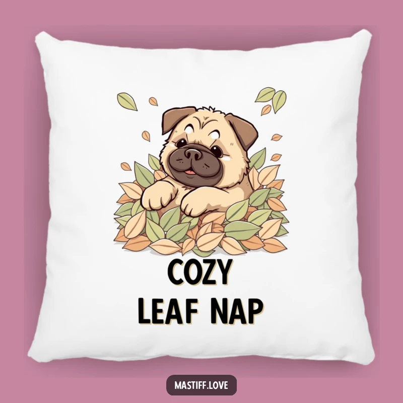 Happy Kawaii Mastiff Leaves Pillow: Soft Rolling Dog, Cozy Autumn Funny Gift