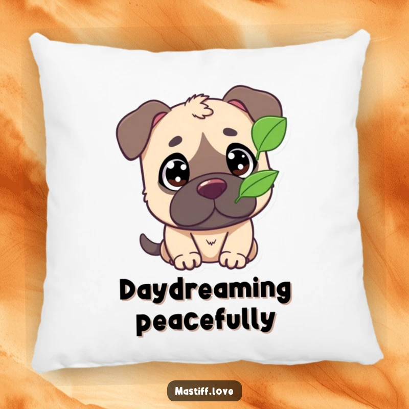 Funny pillow featuring a cute mastiff character with wide, fascinated eyes, watching a leaf flutter by.