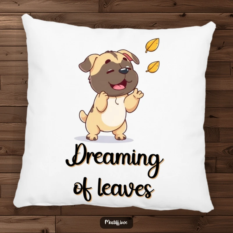 Funny playful mastiff, trying to catch a falling leaf, soft pillow for cozy moments, perfect funny gift.