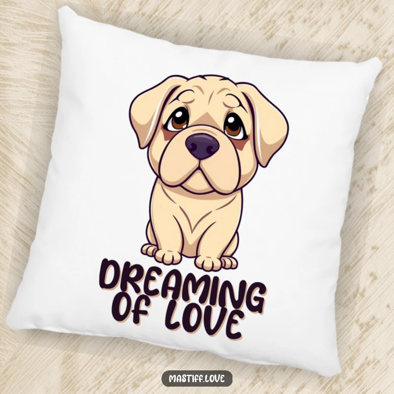 Funny mastiff pillow depicting a gentle dog with droopy eyes looking up with adoration, offering comfort and a heartwarming, humorous touch.