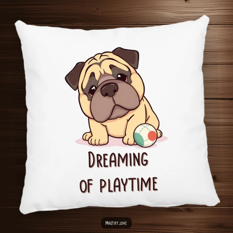 Funny kawaii mastiff pillow featuring a large-jowled mastiff gently nudging a ball, providing comfort and a touch of adorable humor.
