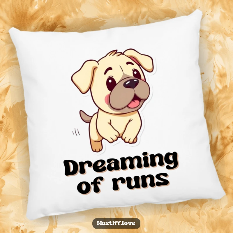 Funny pillow featuring a kawaii mastiff with droopy ears, playfully engaged in a silly, energetic chase.