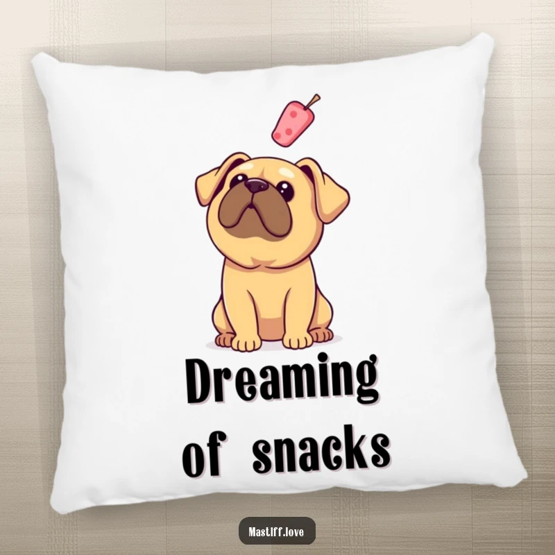 Funny Mastiff Pillow: A dog with floppy ears looks up at a floating treat, a soft and humorous addition to any room.