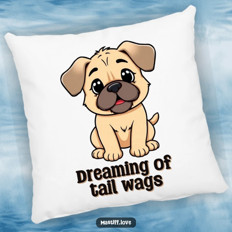 Funny kawaii mastiff pillow, a cute dog with floppy ears wagging its tail, bringing soft comfort and happiness.