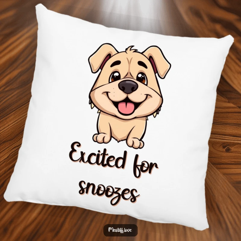 Funny pillow showcasing a smiling mastiff whose ears are perked up high with pure, contagious excitement.