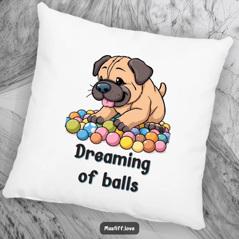 Funny Energetic Mastiff Pillow displaying an enthusiastic dog digging happily in a pile of colorful balls with a joyful, energetic expression.