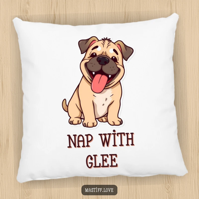 Funny happy mastiff, tongue lolling out, panting with cartoon joy, soft pillow for cuddles, perfect funny gift.