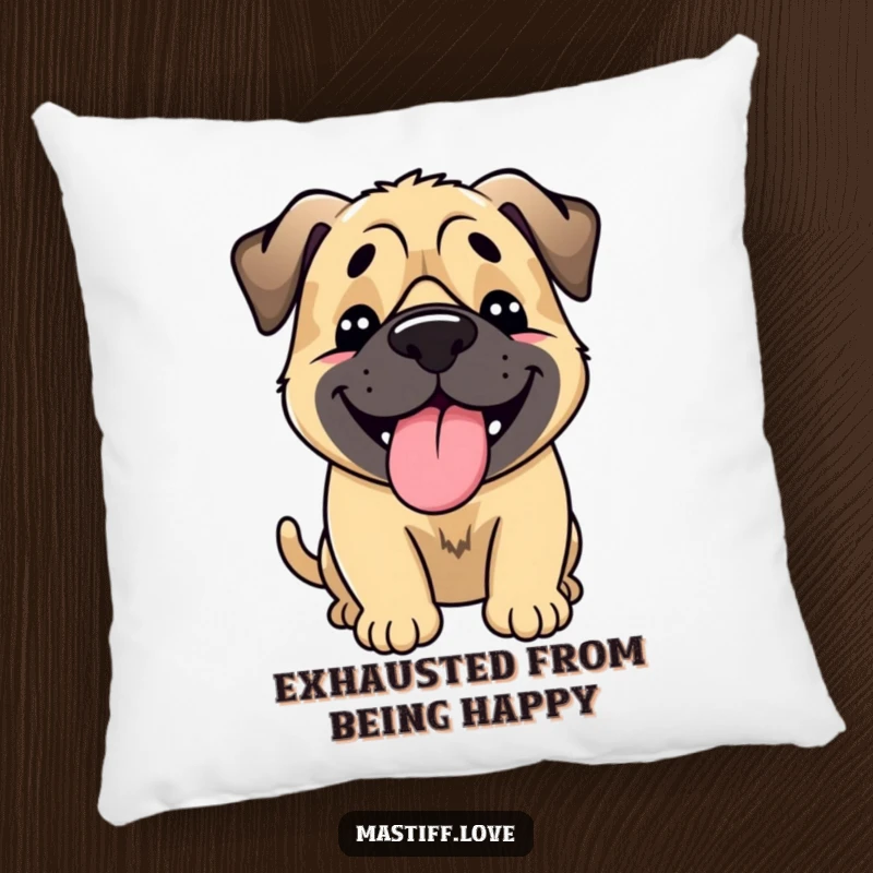 Funny Happy Mastiff Pillow: A mastiff expressing maximum joy via full-body wag and lolling tongue, featured on a plush pillow.