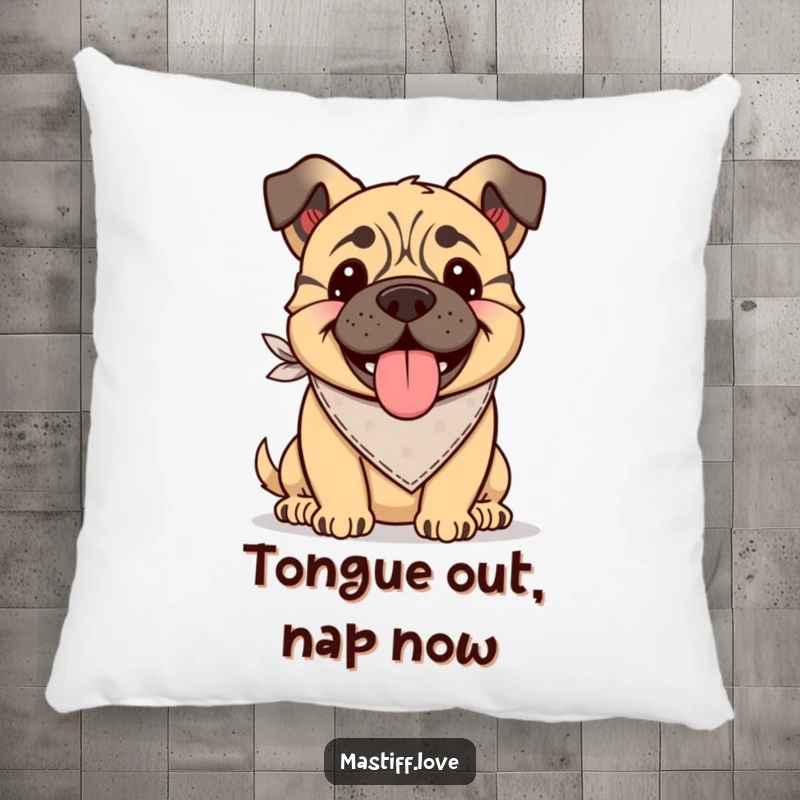 Funny Kawaii Mastiff Pillow: A soft pillow featuring a happy mastiff wearing a bandana, tongue lolling out.