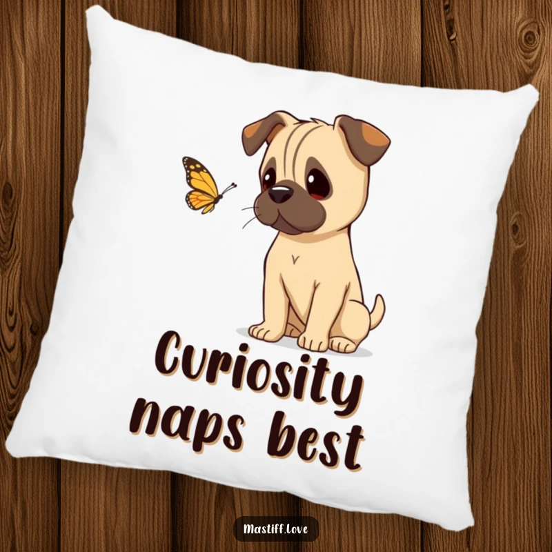 Funny mastiff tilting its head curiously, watching a butterfly, featured on a comfortable pillow for gentle home decor.