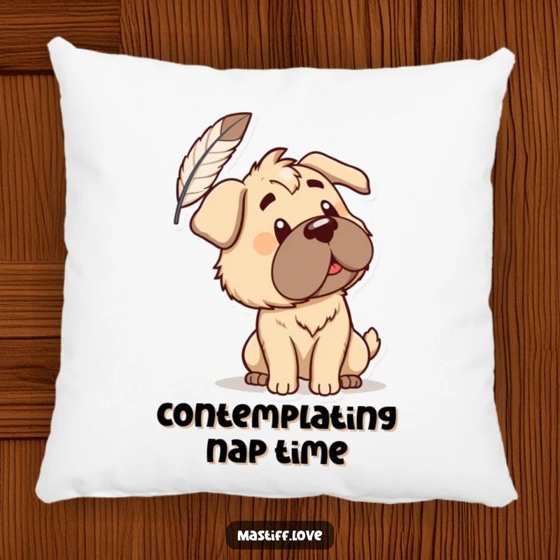 Funny Pillow: A curious mastiff tilts its head at a floating feather, offering comfort and gentle thought. A soft and humorous decorative item.