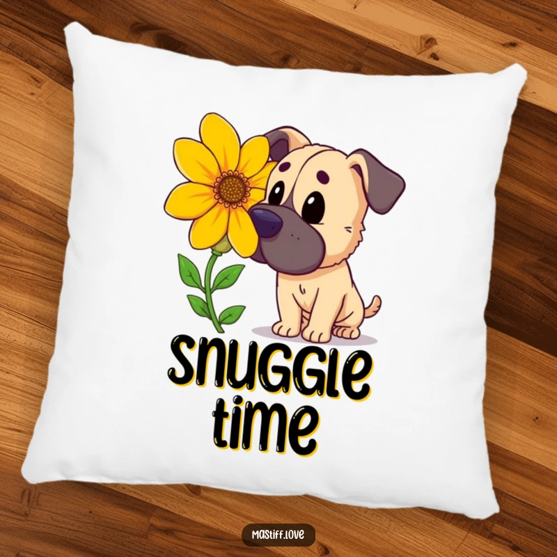 Funny curious mastiff, sniffing a large, brightly colored flower, soft pillow for cozy moments, perfect funny gift.