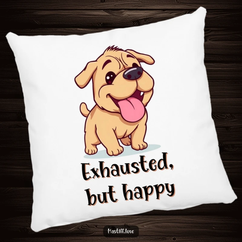 Funny Mastiff pillow showing a happy dog panting with its tongue lolling out after a run, perfect for adding comfort.