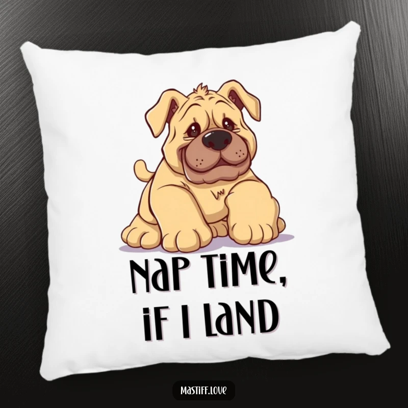 Funny Mastiff Pillow displaying a silly dog hilariously tripping over its large paws with a comical and endearing expression.