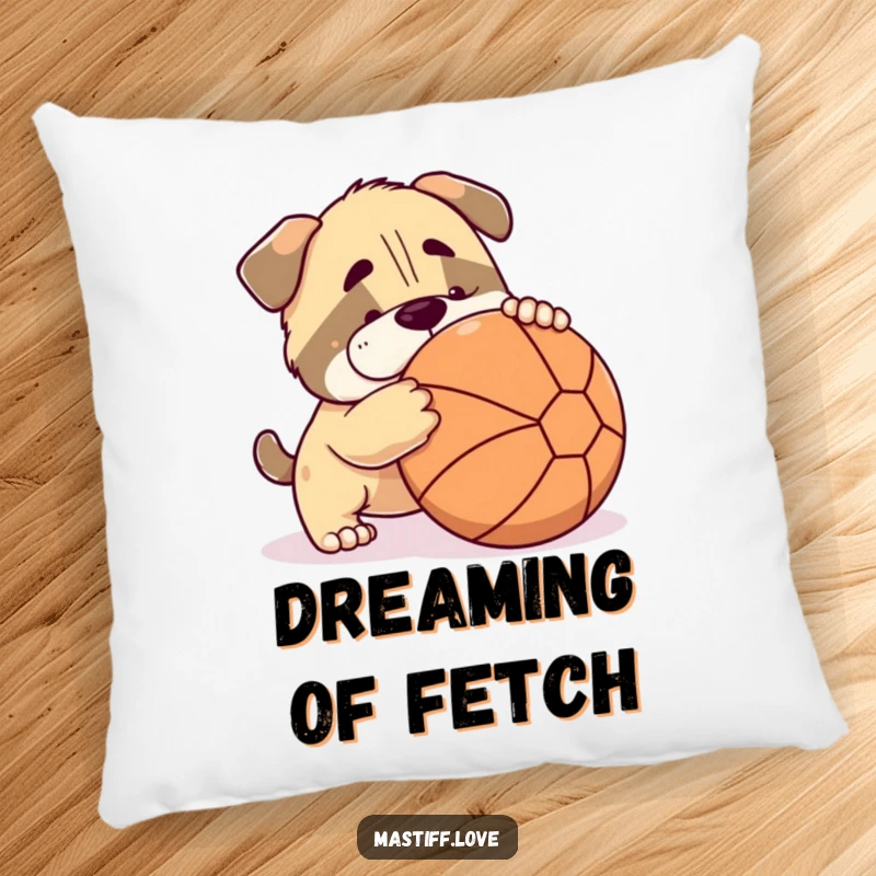 Funny mastiff pillow featuring a cute dog playfully nudging a large ball, perfect for cozy, humorous decoration.