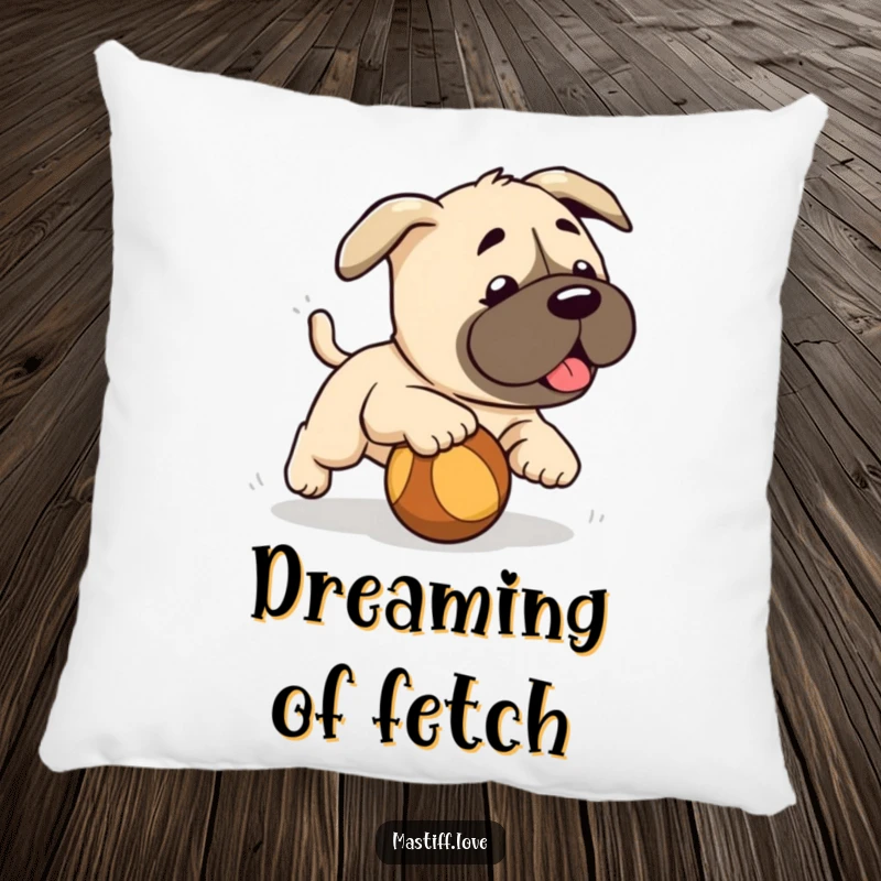 Funny cute mastiff puppy, playful chase of a rolling ball, soft pillow for cuddles, perfect funny gift.