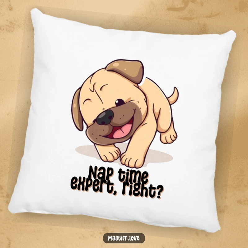 Funny Mastiff puppy pillow showing a small dog hilariously tumbling head over paws with a smile, perfect for adding cute decor.