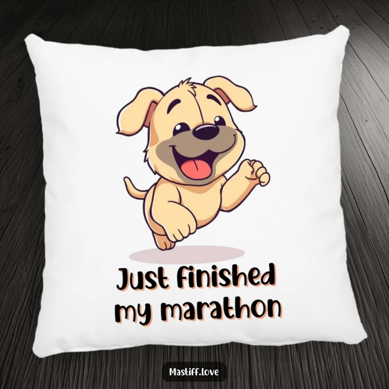 Funny Mastiff Pillow showing a joyful mastiff with its tongue out, panting happily after a fun run, perfect for cozy moments.