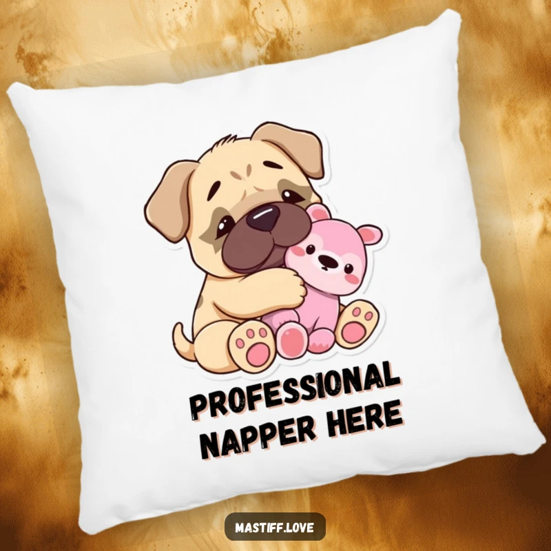 Funny Pillow: A tiny mastiff happily snuggles with a plush toy, offering comfort and heartwarming cheer. A soft and cute decorative item.