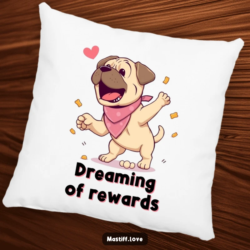 Funny Pillow: An excited mastiff wearing a bandana jumps for a treat, offering comfort and cheer. A soft and humorous decorative item.
