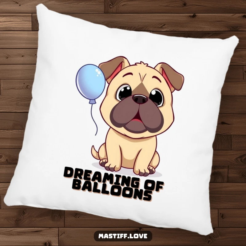 Funny Surprised Mastiff Pillow displaying a dog with wide, innocent eyes looking up in amazement at a floating balloon.