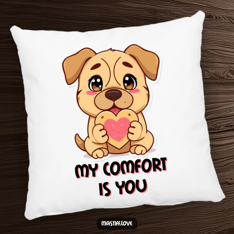 Funny Mastiff Pillow: A fluffy Mastiff dog with adoring eyes proudly offers a heart-shaped cookie, perfect for cozying up.
